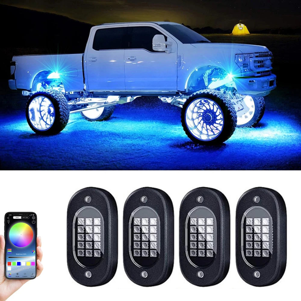 Underbody car rock lights by Your Outdoors n' More, showcasing vibrant LED lights installed underneath a vehicle for off-road illumination