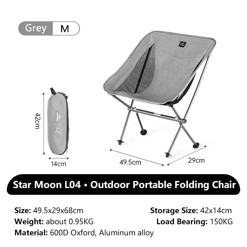Naturehike ultralight folding camping chair with 150kg capacity, portable moon chair for fishing, picnic, outdoor hiking, and relaxation.