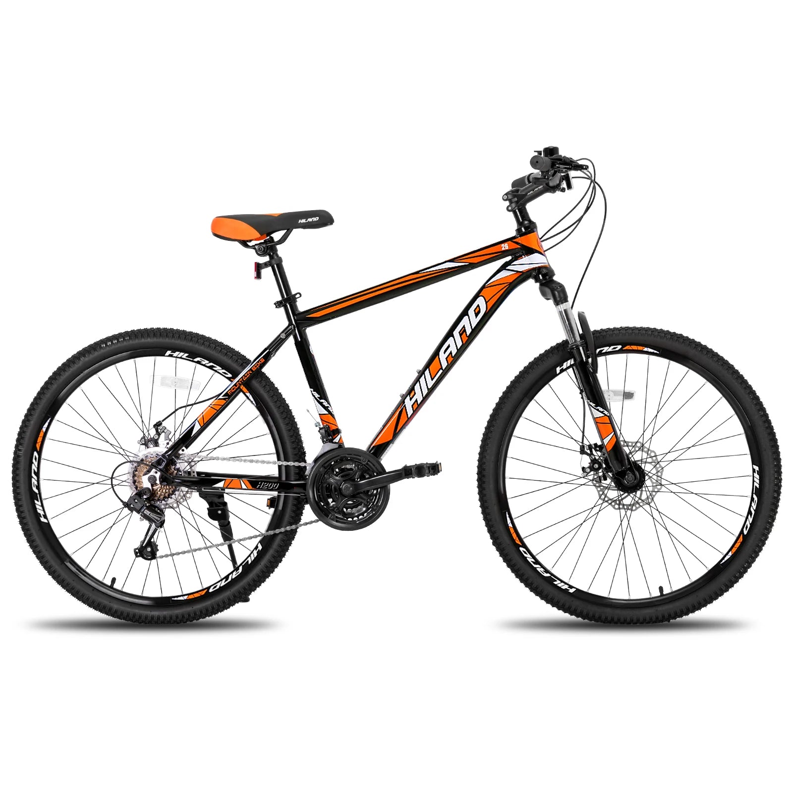 Mountain bike with Shimano 21-speed drivetrain, featuring a sturdy frame and gear shifters for versatile outdoor cycling.