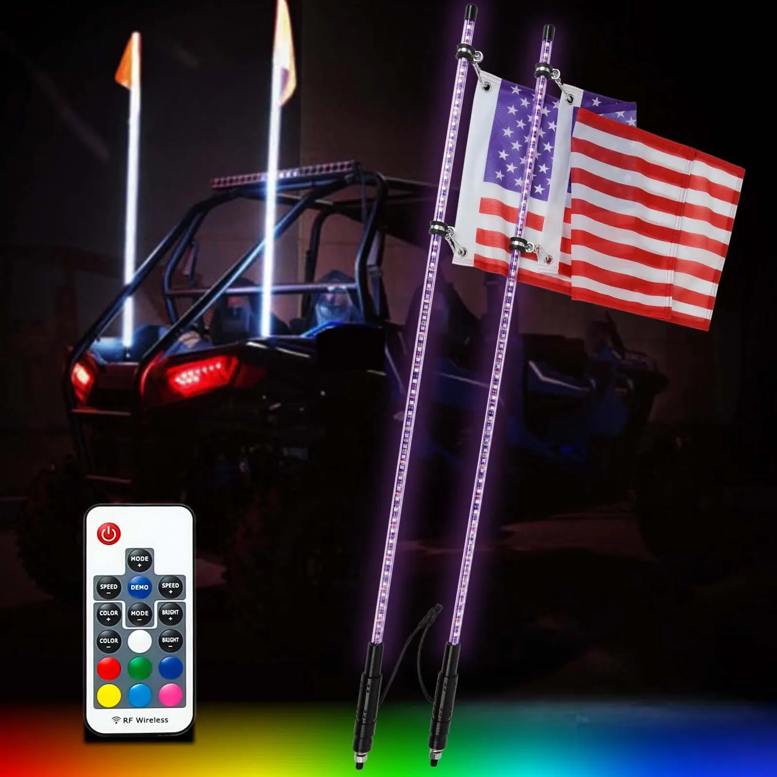 Two 4 ft spiral LED whip lights with remote control from Your Outdoors n' More, shown glowing in vibrant colors.
