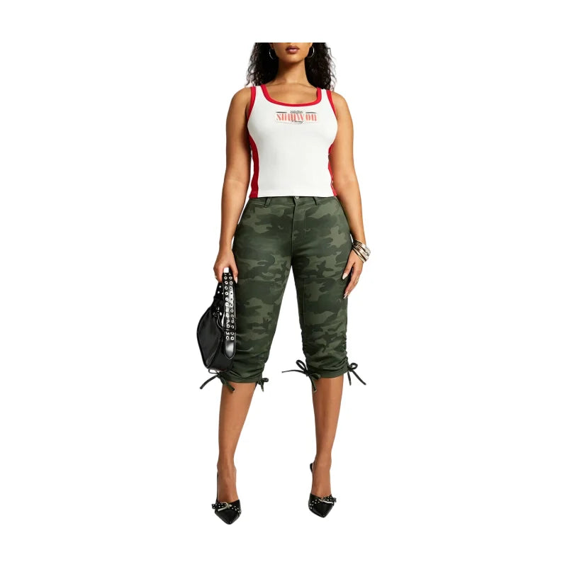Women's High Waist Camo Printed Pants With Drawstring.