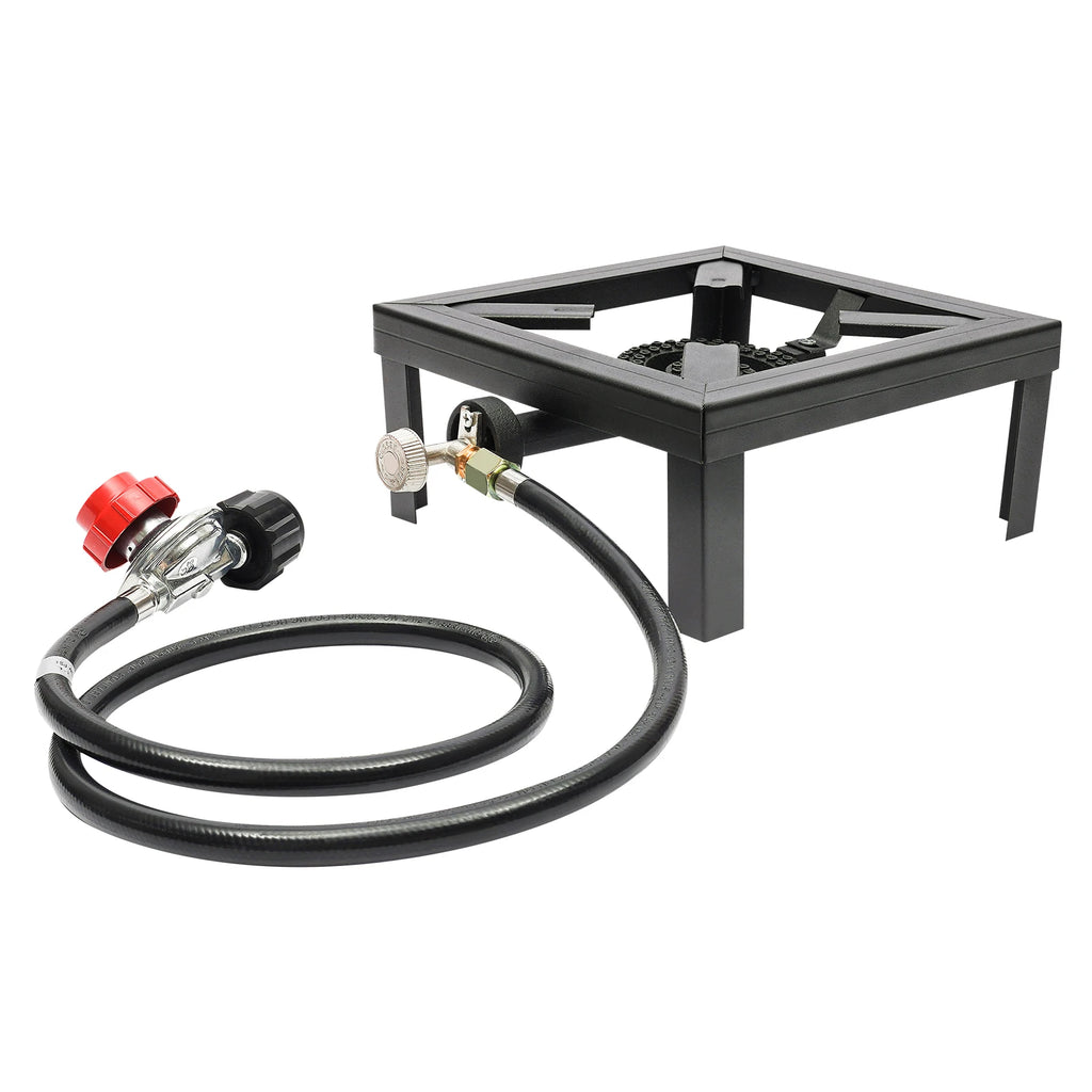 Camping stove burner from Your Outdoors n' More, showing a portable gas burner with control knobs and metal support for outdoor cooking.