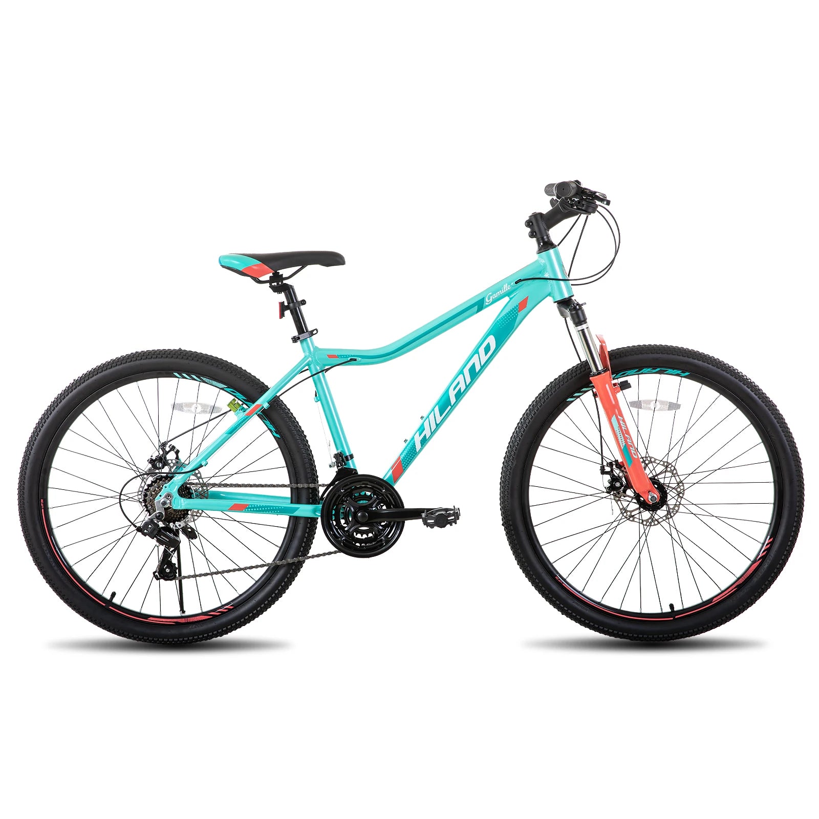 Hiland women's mountain bike with 20-27 inch frame, 21-speed gear system, and lock-out suspension fork for off-road riding.