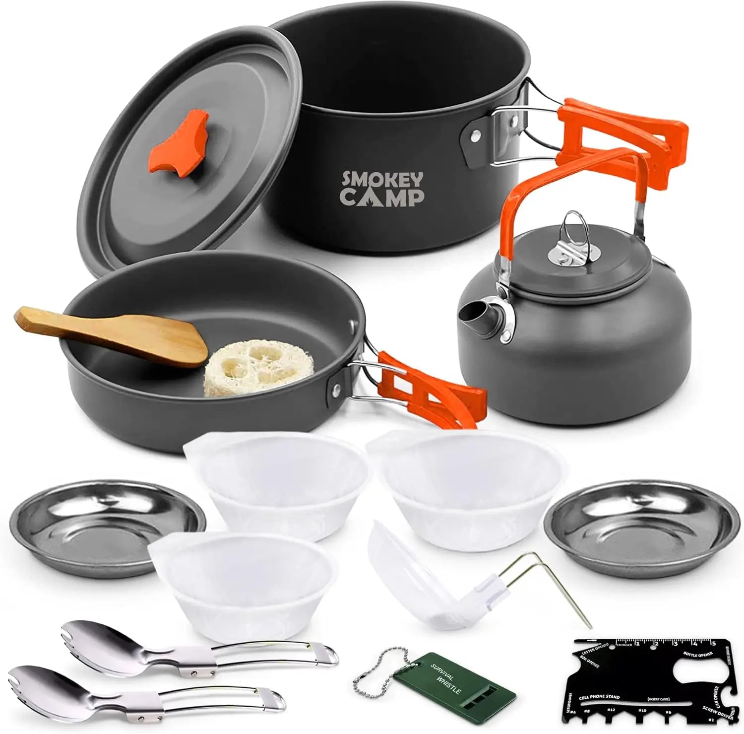 Your Outdoors n' More camping cookware mess kit set with stove, featuring pots, pans, and utensils for outdoor cooking.
