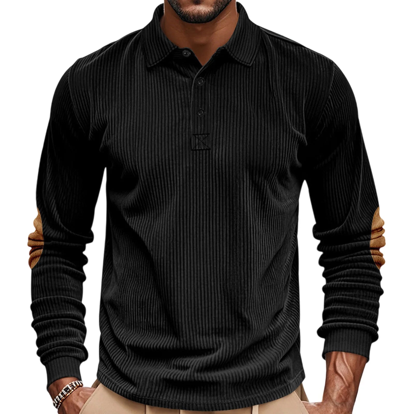 Men's casual long sleeve patchwork turn-down collar T-shirt by Your Outdoors n’ More, featuring a stylish design and comfortable fit.