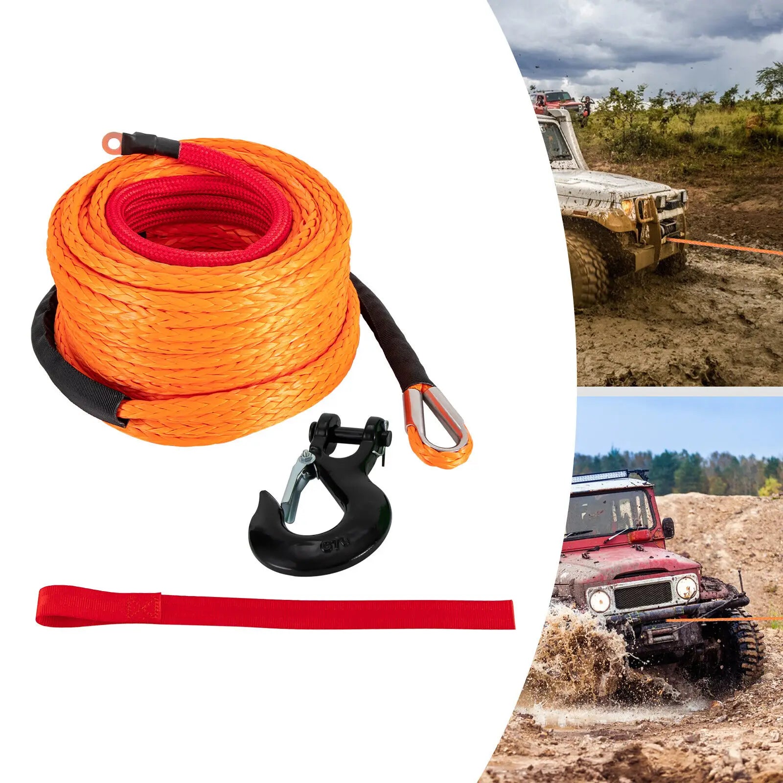 Synthetic 3/8-inch by 100-foot winch rope from Your Outdoors n' More, showing the durable braided construction and length.