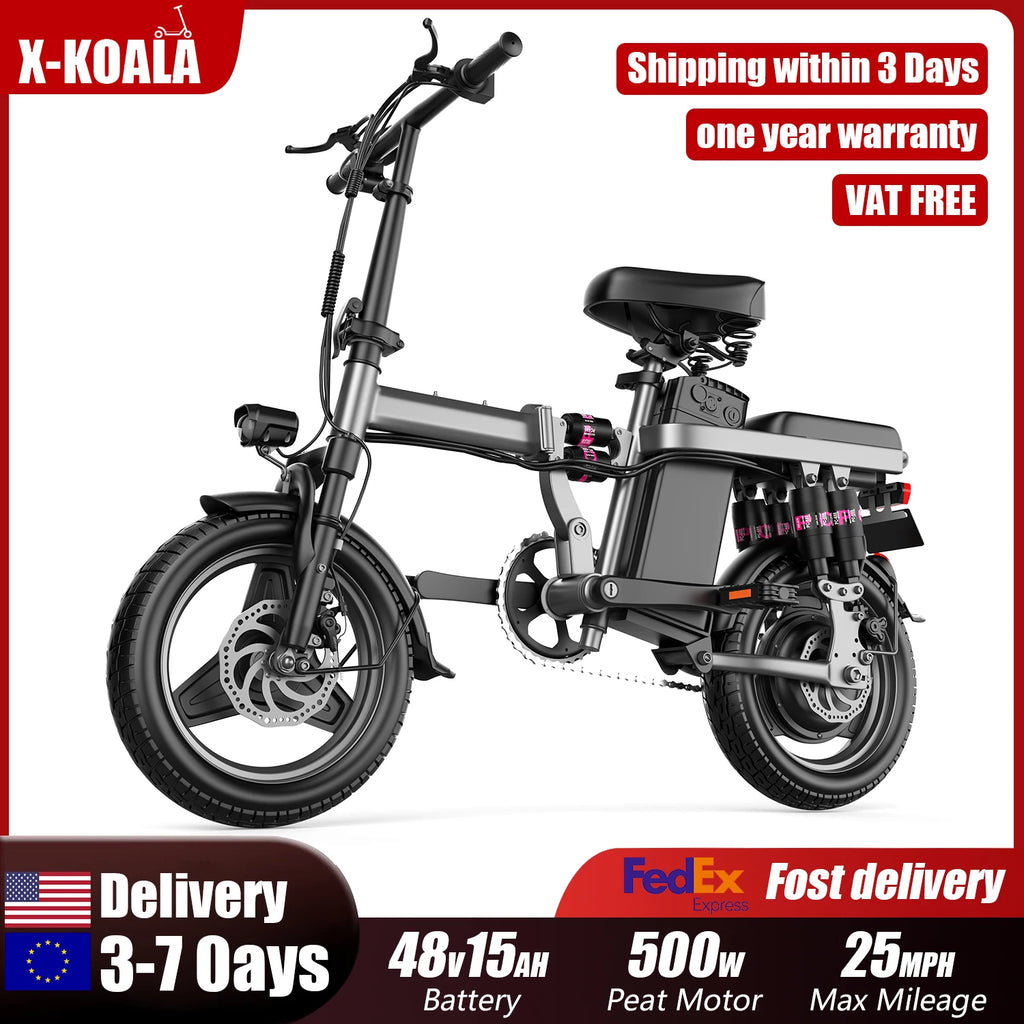 Electric bike with 14-inch wheels and 500W motor from Your Outdoors n' More, featuring a sleek frame and handlebar controls.