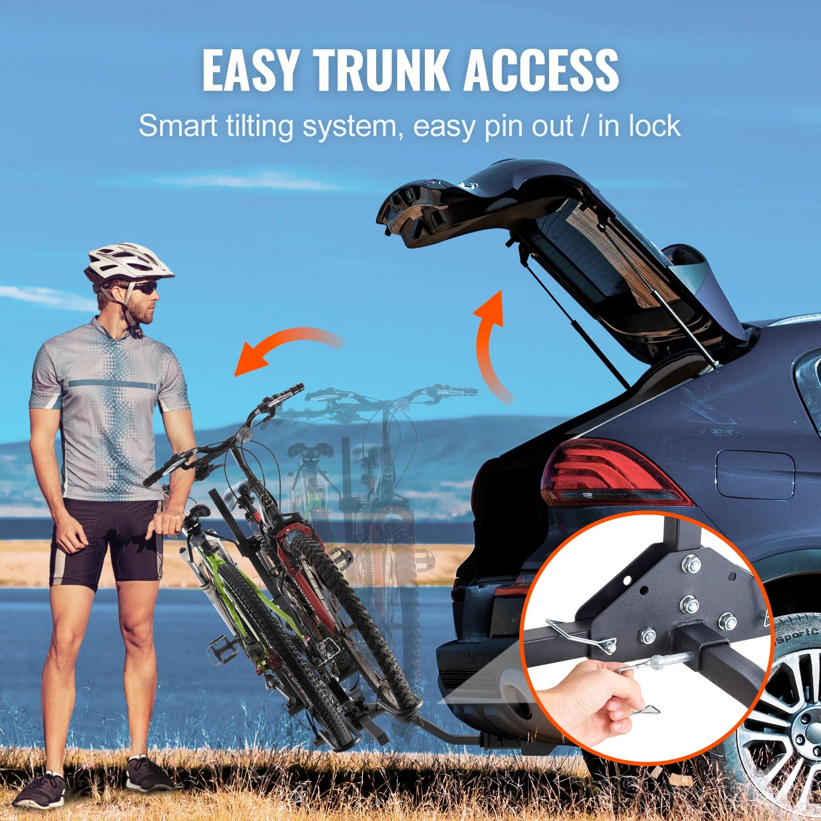 Two-bike hitch mount platform rack by Your Outdoors n' More, showing the sturdy metal frame and wheel support for secure transport.