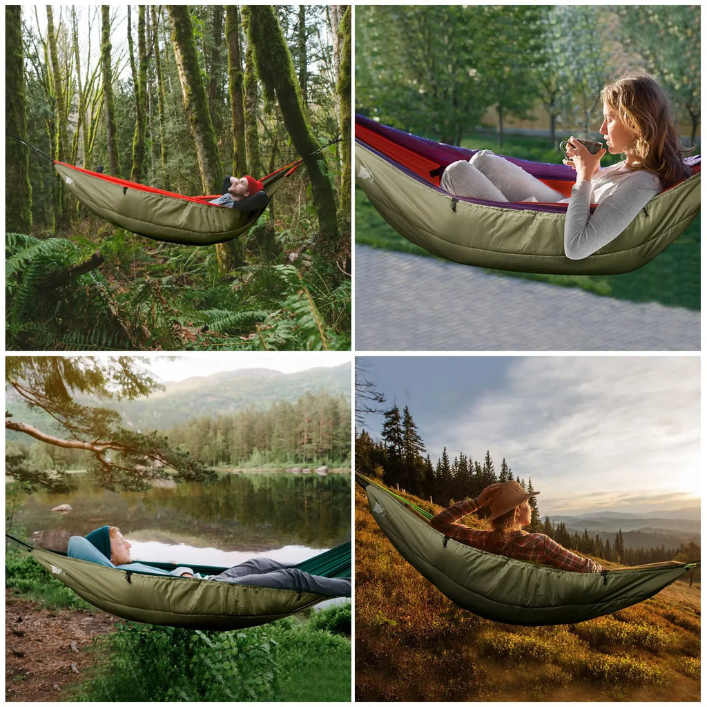 Outdoor night hammock and sleeping bag set by Your Outdoors n' More, featuring a cozy hammock and warm sleeping bag for camping.
