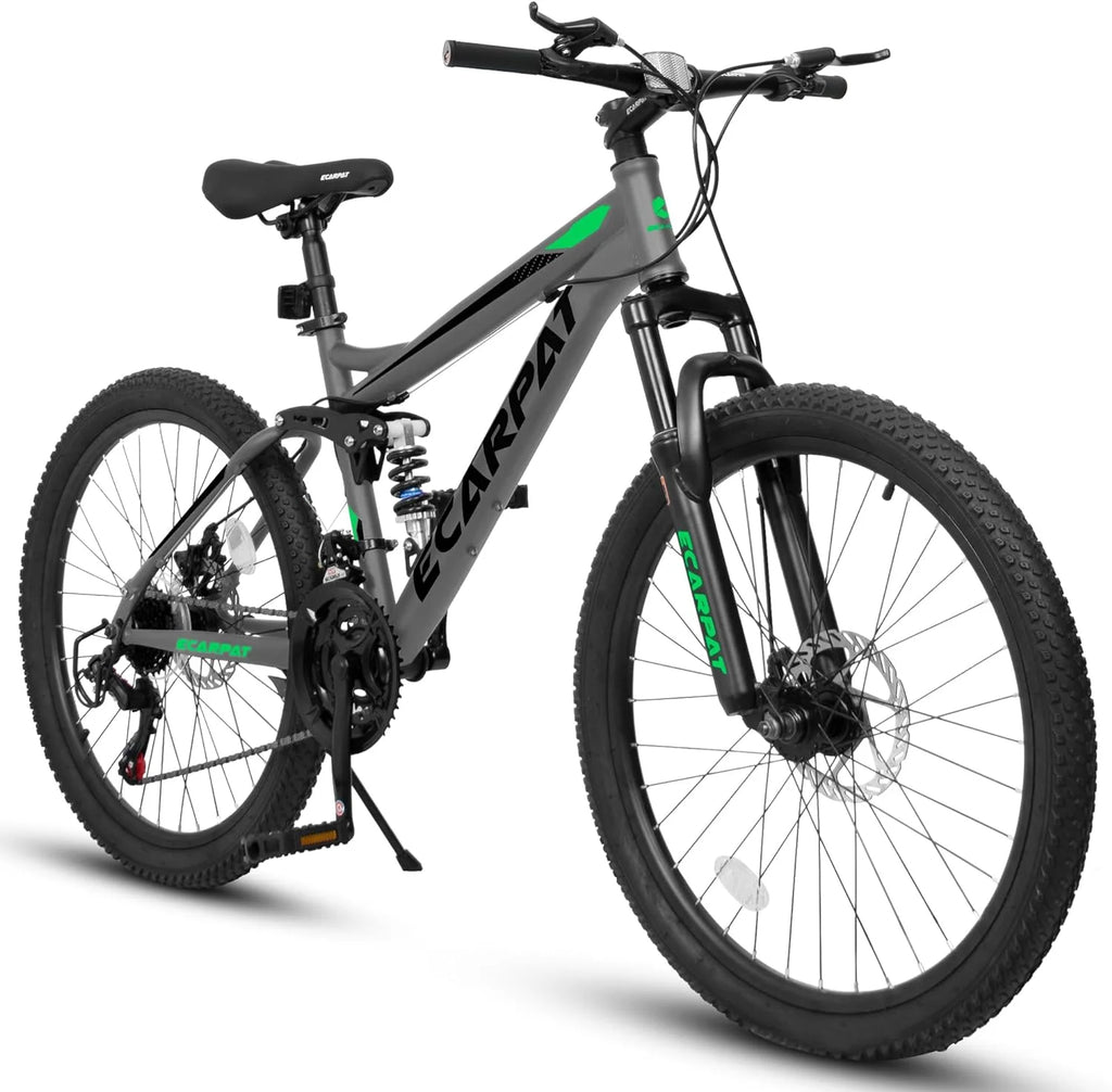 Ecarpat dual full suspension mountain bike with 21-speed gears, suitable for men, women, and teens, featuring disc brakes and 24-27.5 inch wheels.