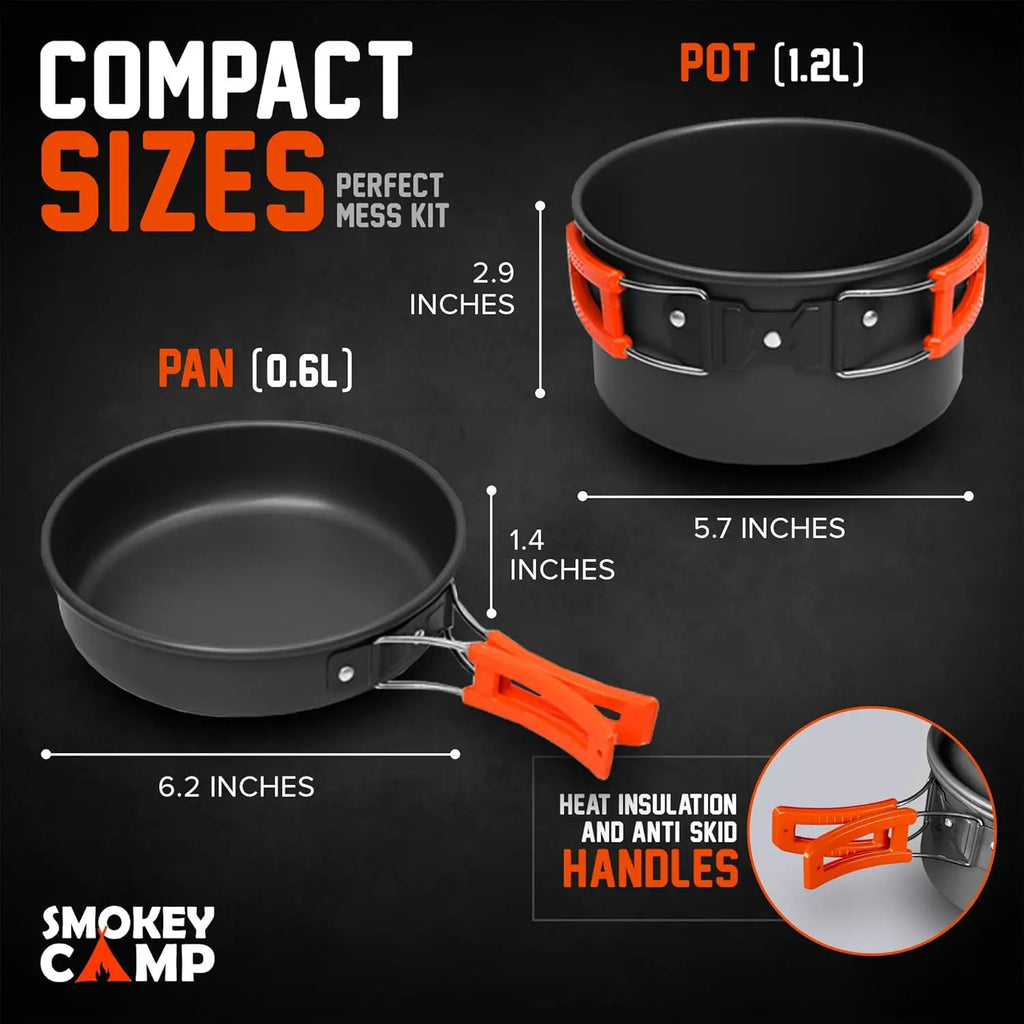 Camping cookware mess kit set with stove from Your Outdoors n' More, featuring pots, pans, and utensils for outdoor cooking.