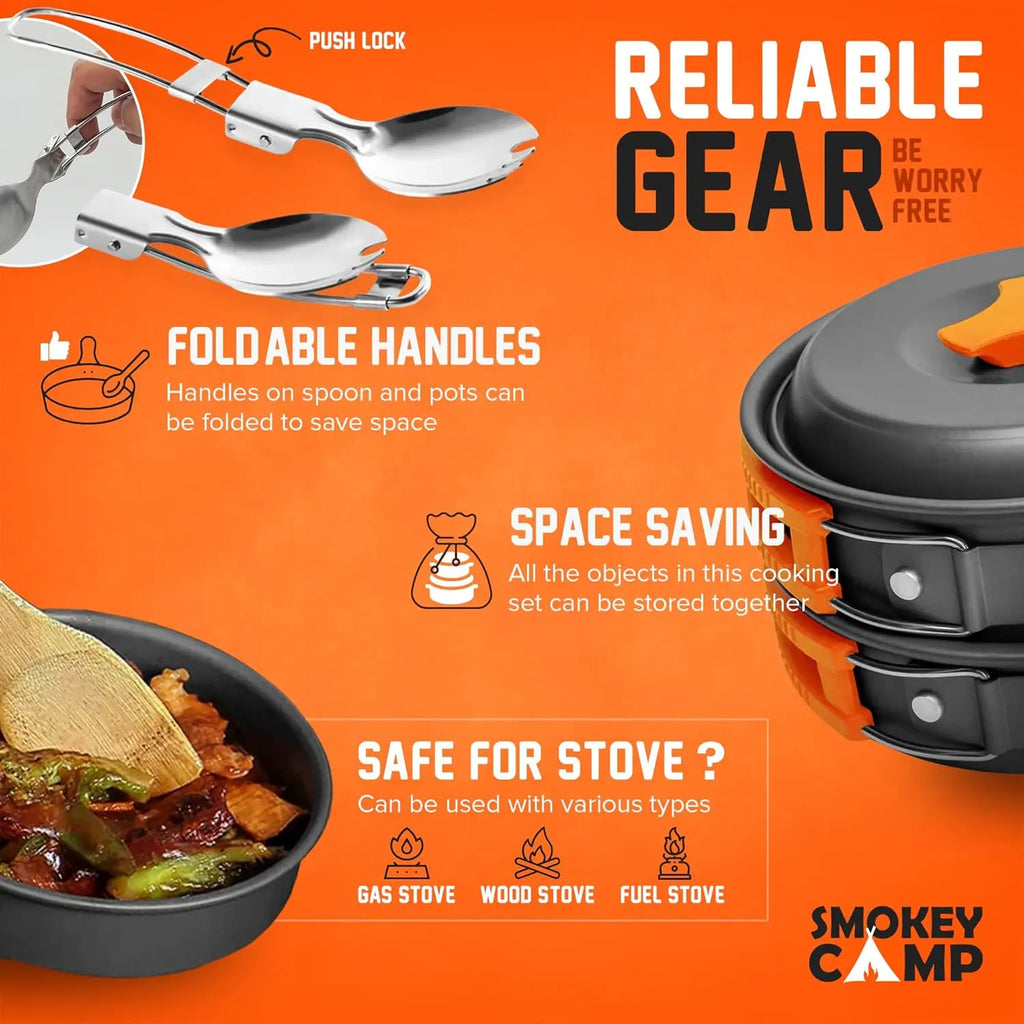 Your Outdoors n' More camping cookware mess kit set with stove, includes pots, pans, utensils, and compact design for outdoor cooking.