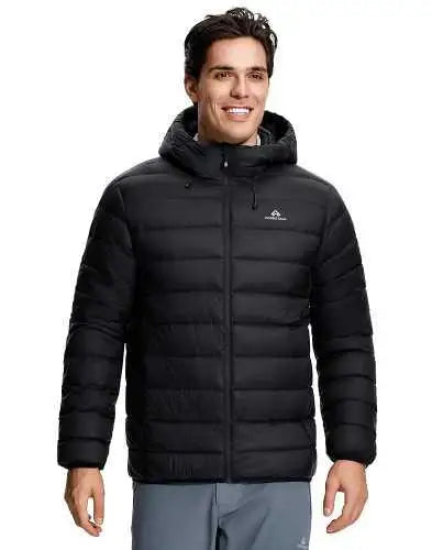 Men's down puffer jacket with hood by Your Outdoors n' More, shown in black with quilted design and front zipper closure.