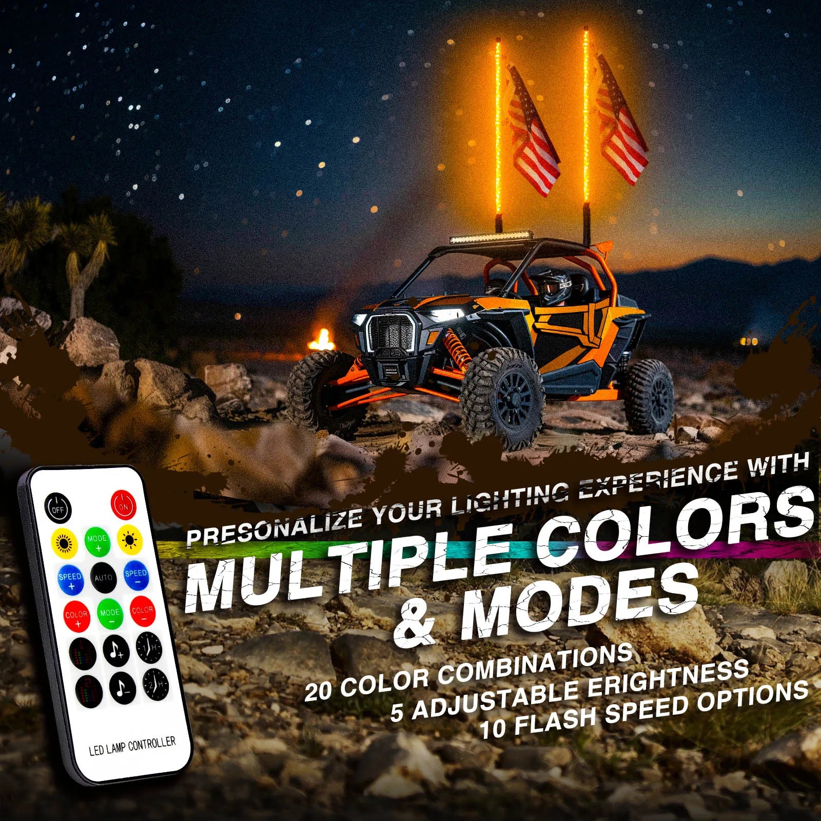 Two 4-foot spiral LED whip lights with remote control from Your Outdoors n' More, showcasing vibrant illuminated LED light displays.