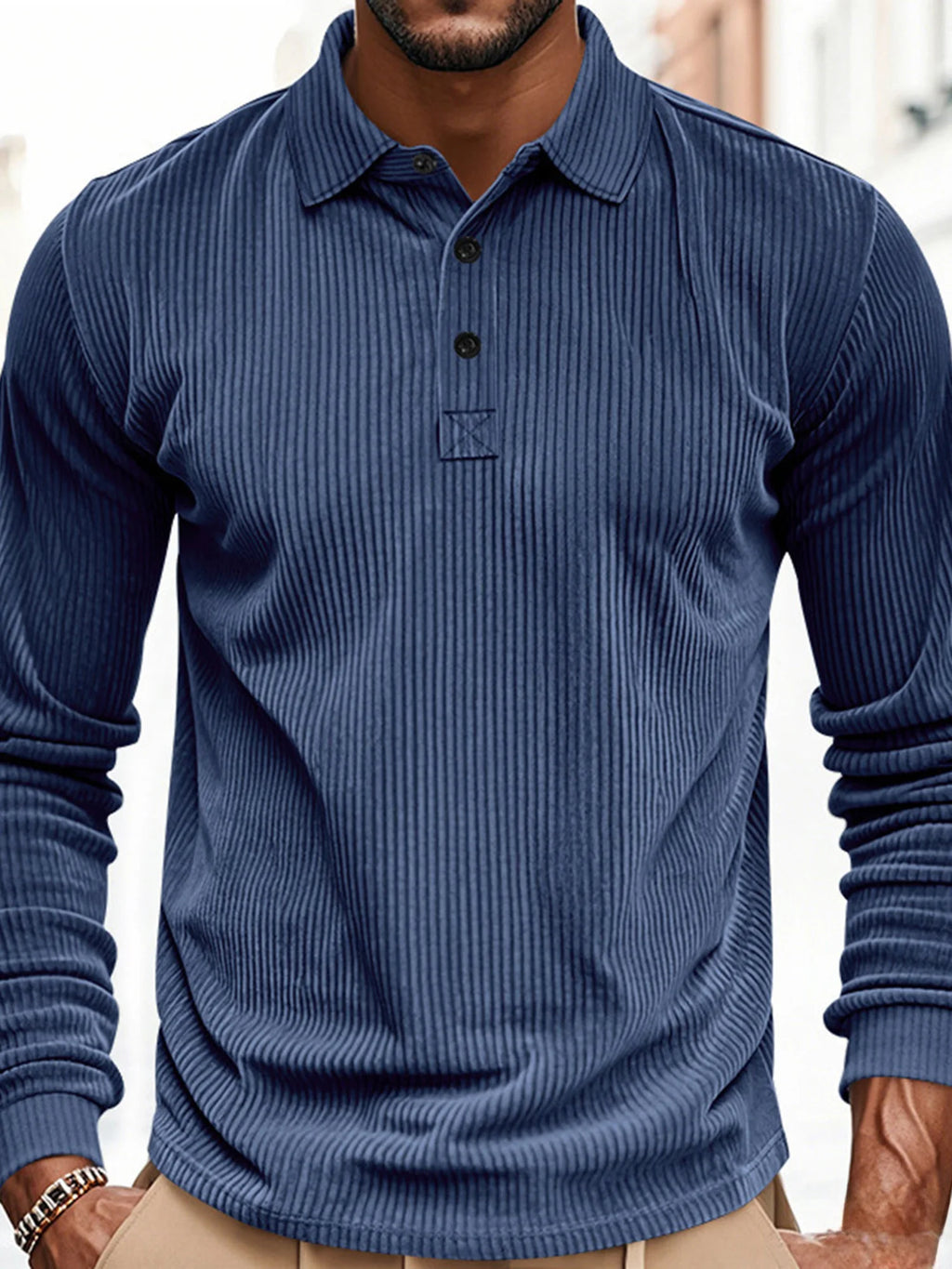 Men's casual long sleeve patchwork T-shirt with turn-down collar by Your Outdoors n' More, featuring a stylish patchwork design.