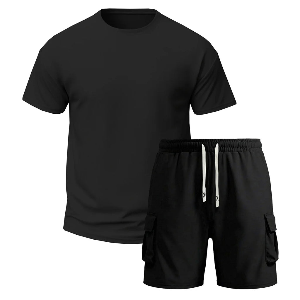 2-Pack Men's Multi-Pocket Cargo Pants and Short Sleeve T-Shirt Set.
