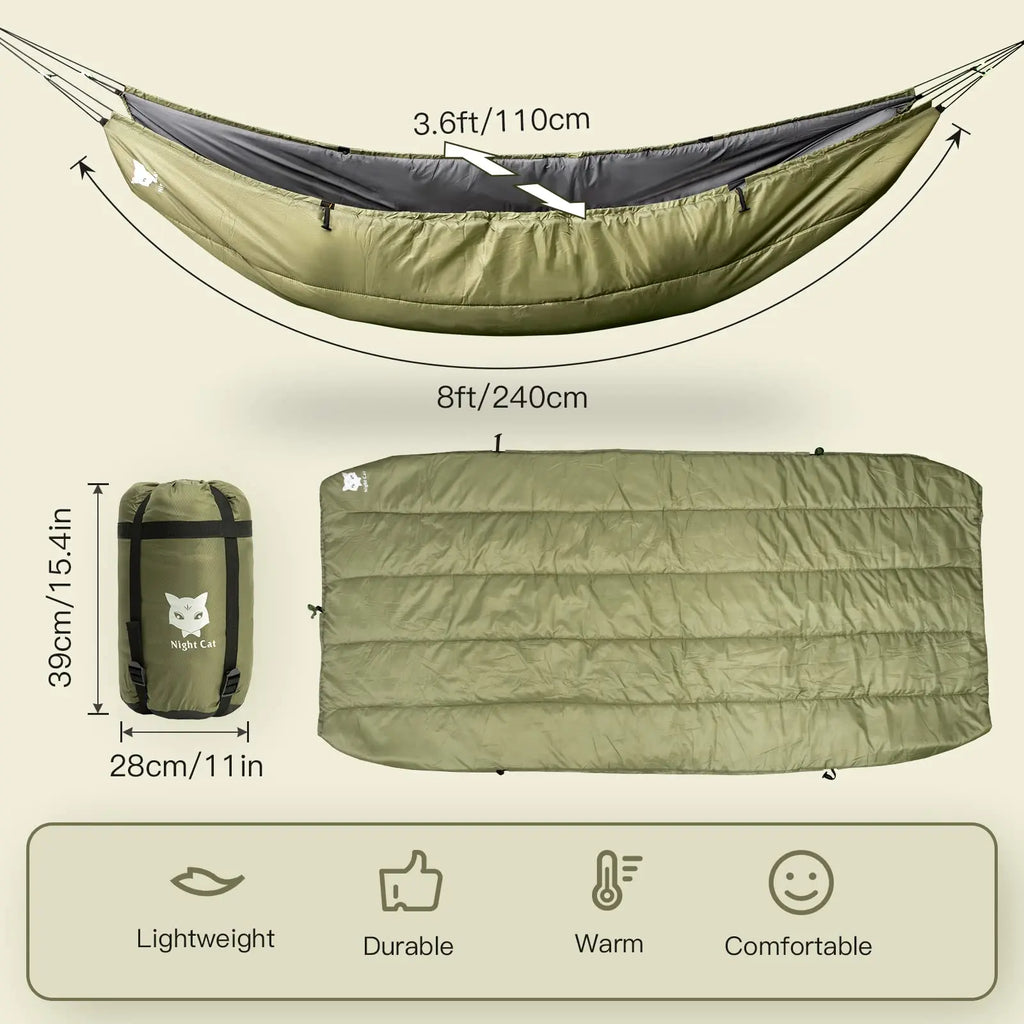 Your Outdoors n' More night hammock and sleeping bag setup, showing a cozy sleeping arrangement outdoors with hammock and sleeping bag.