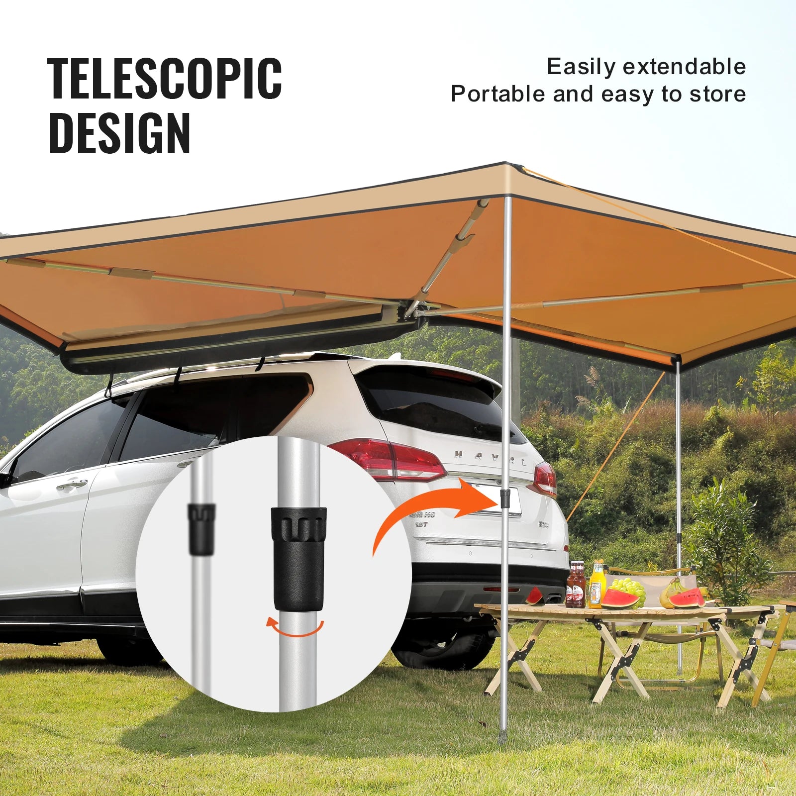 Retractable car side awning from Your Outdoors n' More, extended to provide shade on a vehicle's side during outdoor trips.