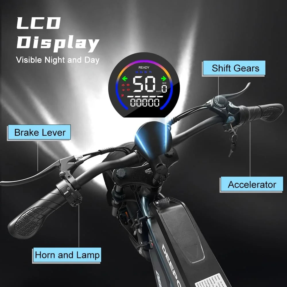 DEEPOWER QS7 electric bike with 20-inch fat tires, dual batteries, and off-road design for adult all-terrain riding.