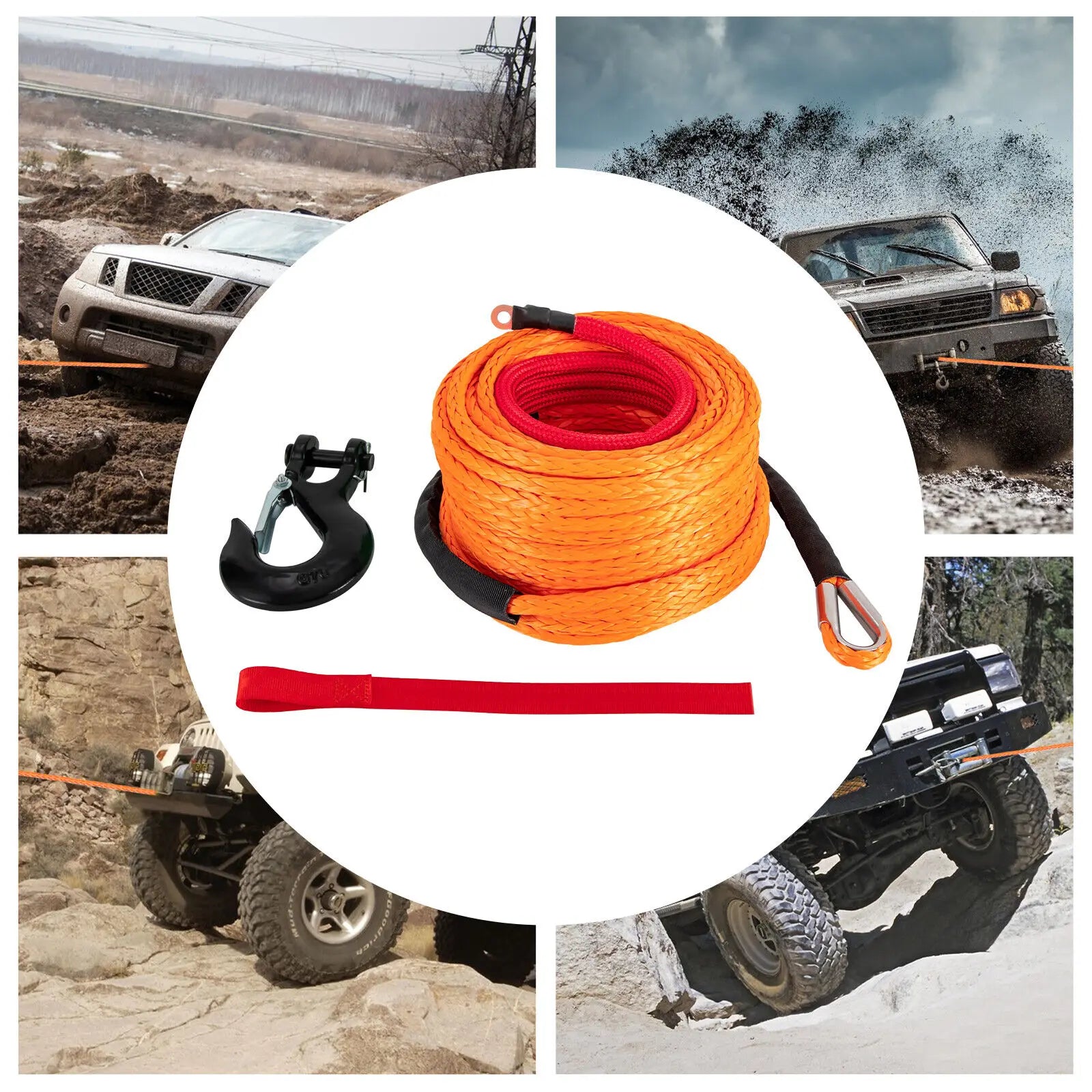 Synthetic 3/8-inch, 100-foot winch rope by Your Outdoors n' More, showing durable braided construction for heavy-duty pulling.