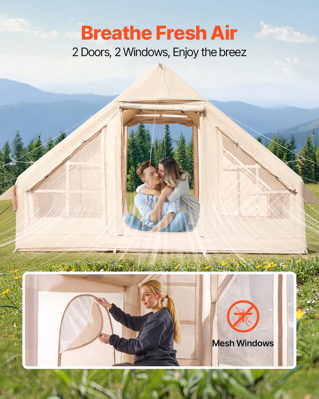 Inflatable camping tent by Your Outdoors n' More, shown set up outdoors with open door and visible interior space.