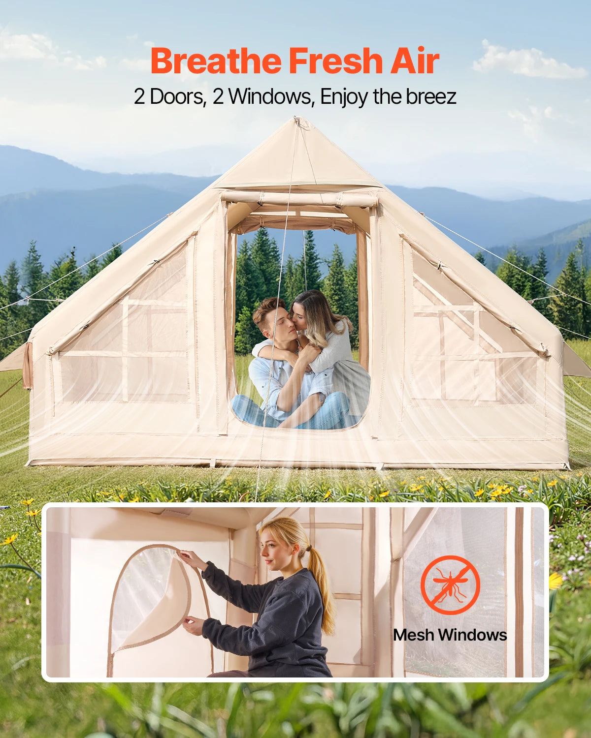 Inflatable camping tent by Your Outdoors n' More, shown set up outdoors with open door and visible interior space.