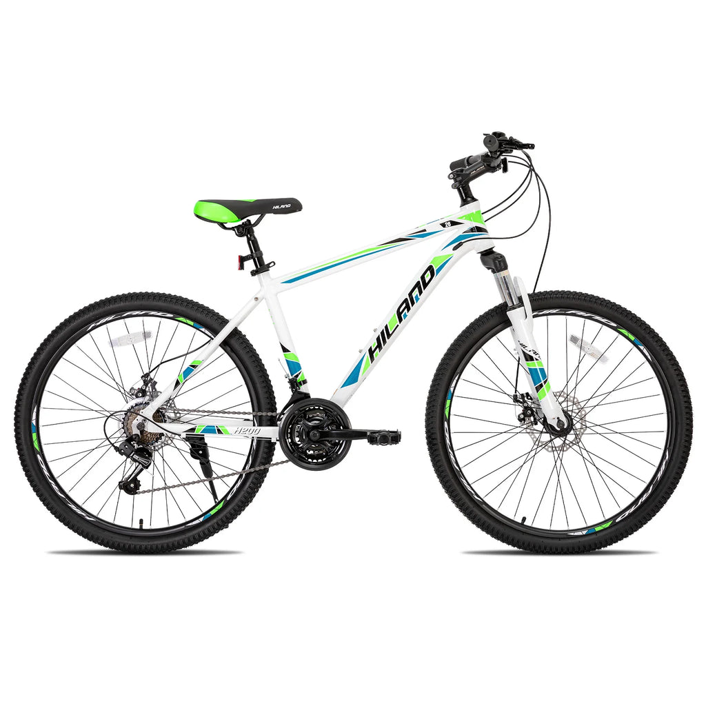 Shimano 21-speed mountain bike drivetrain with gear shifters and handlebars on a Your Outdoors n' More mountain bike.