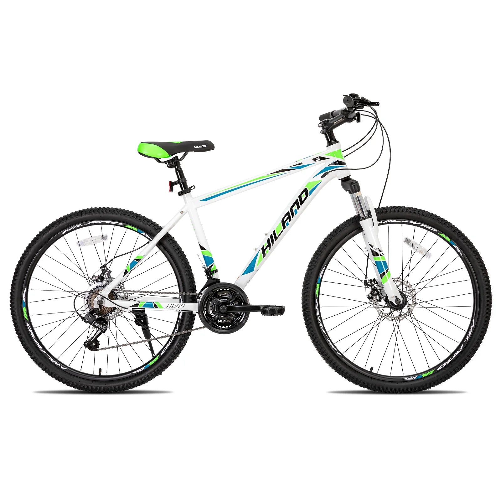 Shimano 21-speed mountain bike drivetrain with gear shifters and handlebars on a Your Outdoors n' More mountain bike.
