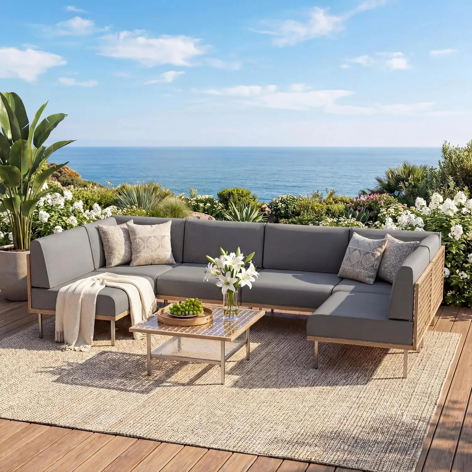 7-piece outdoor patio furniture set by Your Outdoors n' More with cushioned chairs and a central table on a patio.