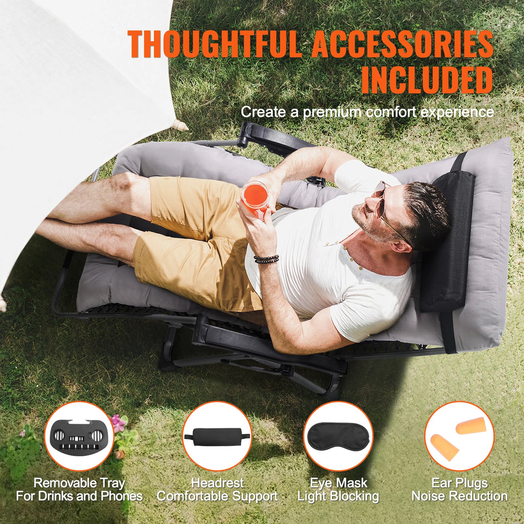 Your Outdoors n' More Zero Gravity Chair Recliner showing a comfortable, padded outdoor lounge chair in a relaxed reclined position.