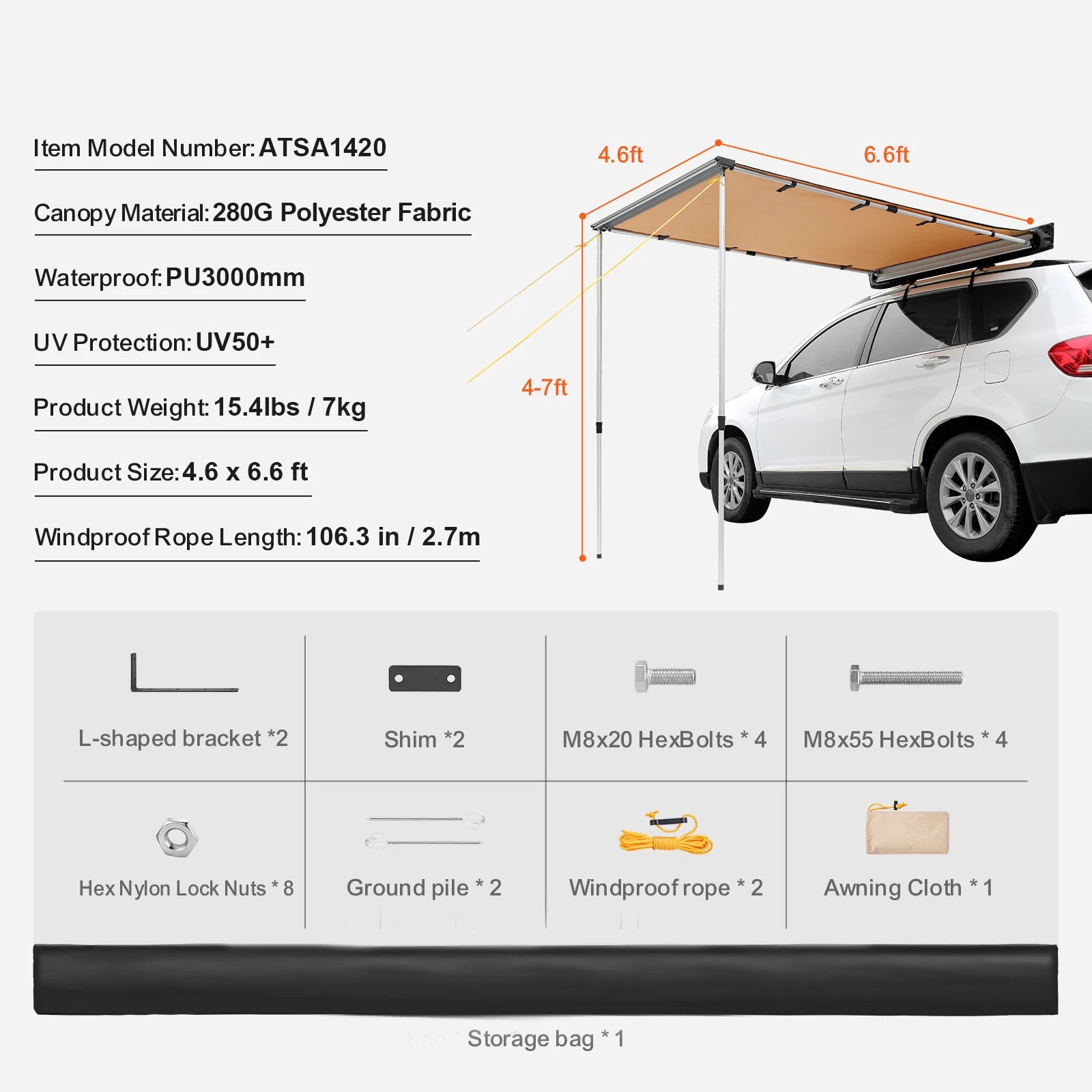 Retractable car side awning by Your Outdoors n' More, extended to provide shade and protection from the sun.